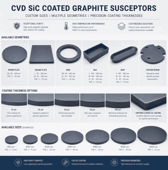 CVD SiC-kattega grafiitsusceptorid, kohandatud suurused, mitmed geomeetriad, täpsed kattekihi paksused